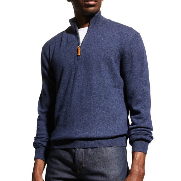 NEIMAN MARCUS heathered blue 100% cashmere 1/4-zip sweater - Picture 1 of 7